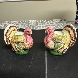 BRINN'S Thanksgiving TURKEY Vintage 2 Piece Candle Holders Glazed Ceramic